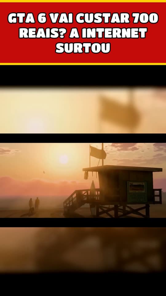 Post no template meme-notícia: frase curta sobre GTA 6 no topo e imagem de Vice City embaixo